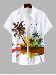 Plus Size Coconut Tree Bird Paint Splatter Print Buttons Pocket Hawaii Shirt For Men -  