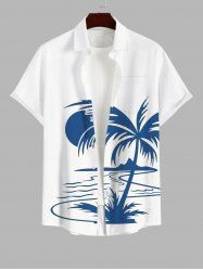 Plus Size Coconut Tree Sun Mountain Colorblock Print Buttons Pocket Hawaii Shirt For Men -  