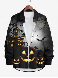 Plus Size Halloween Pumpkin Bat Moon Tree Castle Print Buttons Pocket Long Sleeve Shirt For Men -  