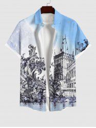 Plus Size Vintage Baroque Floral Water City Ombre Sky Print Button Pocket Shirt For Men -  