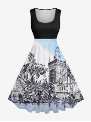 Plus Size Vintage Baroque Floral Water City Ombre Sky Print Swing A Line Dress -  