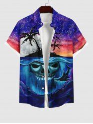 Plus Size Colorful Ombre Galaxy Moon Coconut Tree Skull Shark Seabed Print Hawaii&Halloween Shirt For Men -  