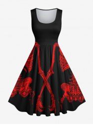 Plus Size Skeleton Print Halloween Costume Vintage Swing A Line Dress -  