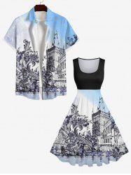 Vintage Baroque Floral Water City Ombre Sky Print Plus Size Matching Set For Couples -  