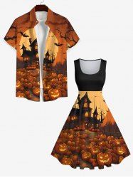Halloween Costume Pumpkin Bat Moon Castle Print Plus Size Matching Set For Couples -  