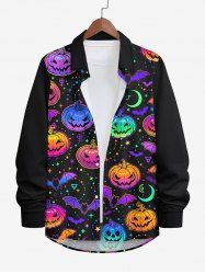 Plus Size Halloween Colorful Pumpkin Star Moon Bat Print Buttons Long Sleeve Shirt For Men -  
