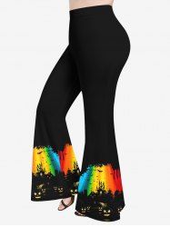 Plus Size Colorful Rainbow Light Beam Pumpkin Lantern Print Halloween Flare Pants -  