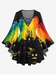 Plus Size Pumpkin Lantern Bat Castle Colorful Rainbow Light Beam Ink Painting Print Halloween Lattice T-shirt -  