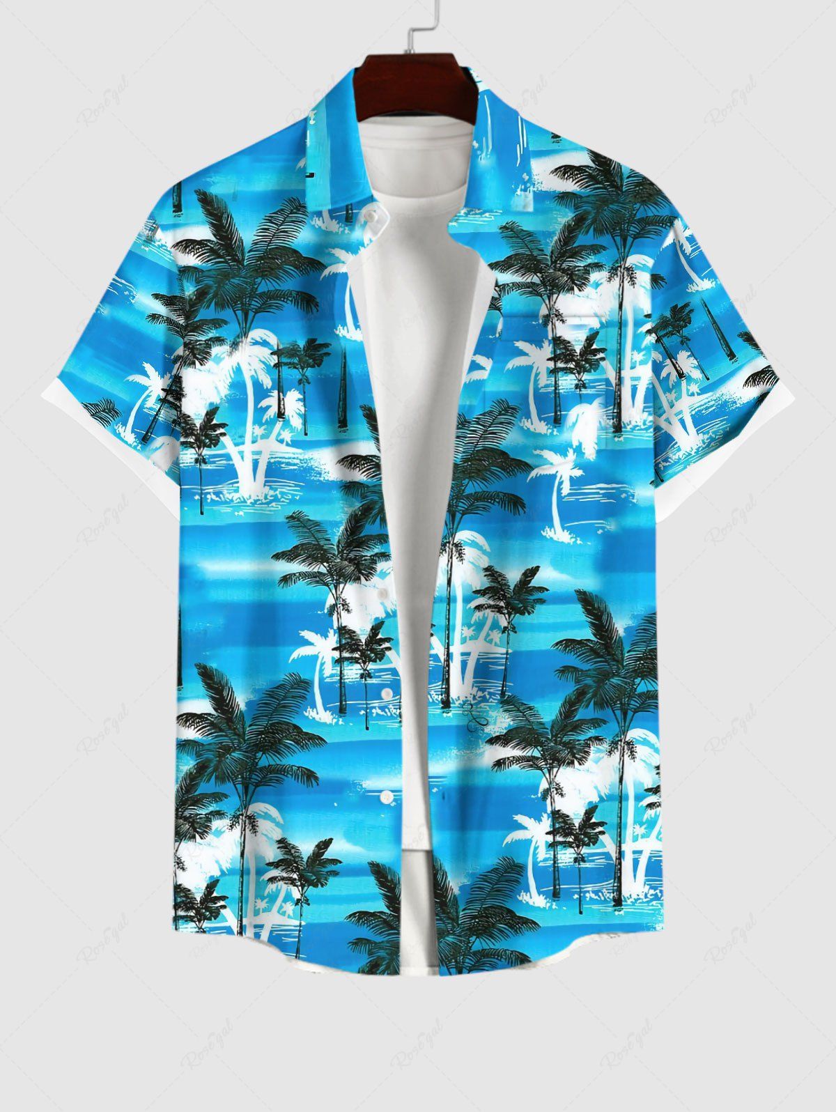 Sale Plus Size Tropical Coconut Tree Sea Print Buttons Pocket Hawaii Shirt For Men  