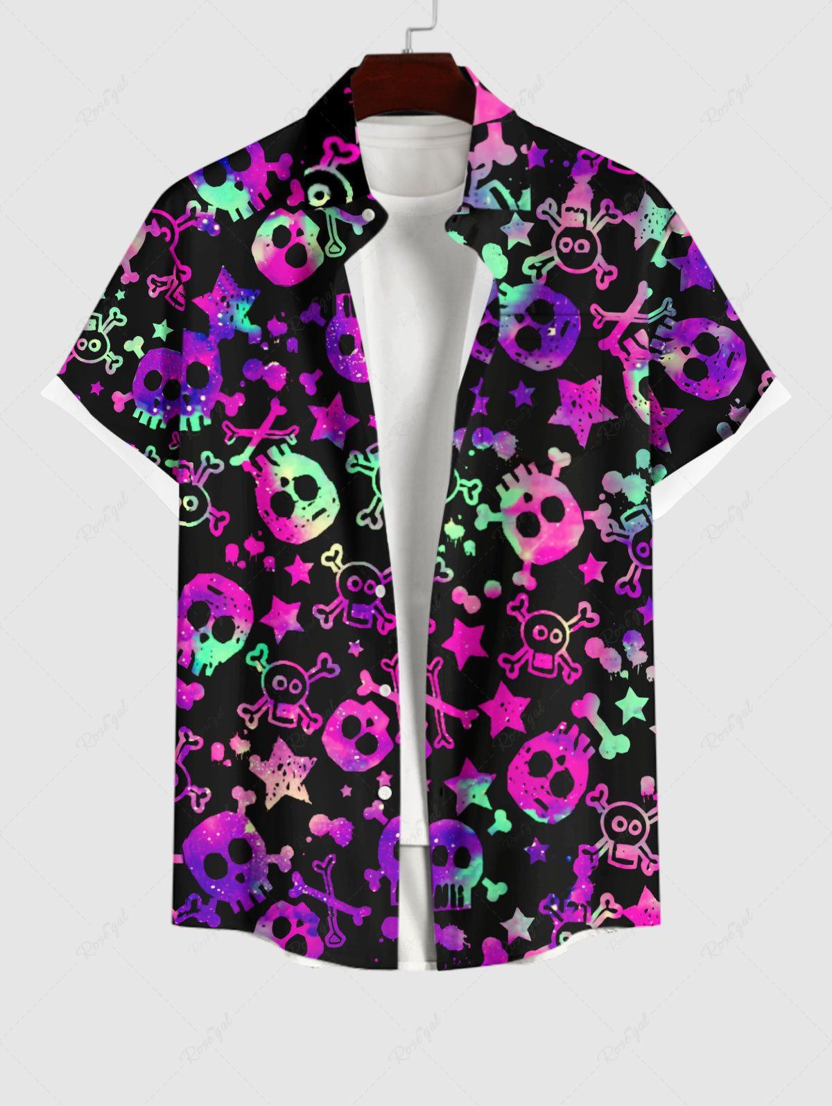 Chic Plus Size Halloween Colorful Skulls Star Print Buttons Pocket Shirt For Men  