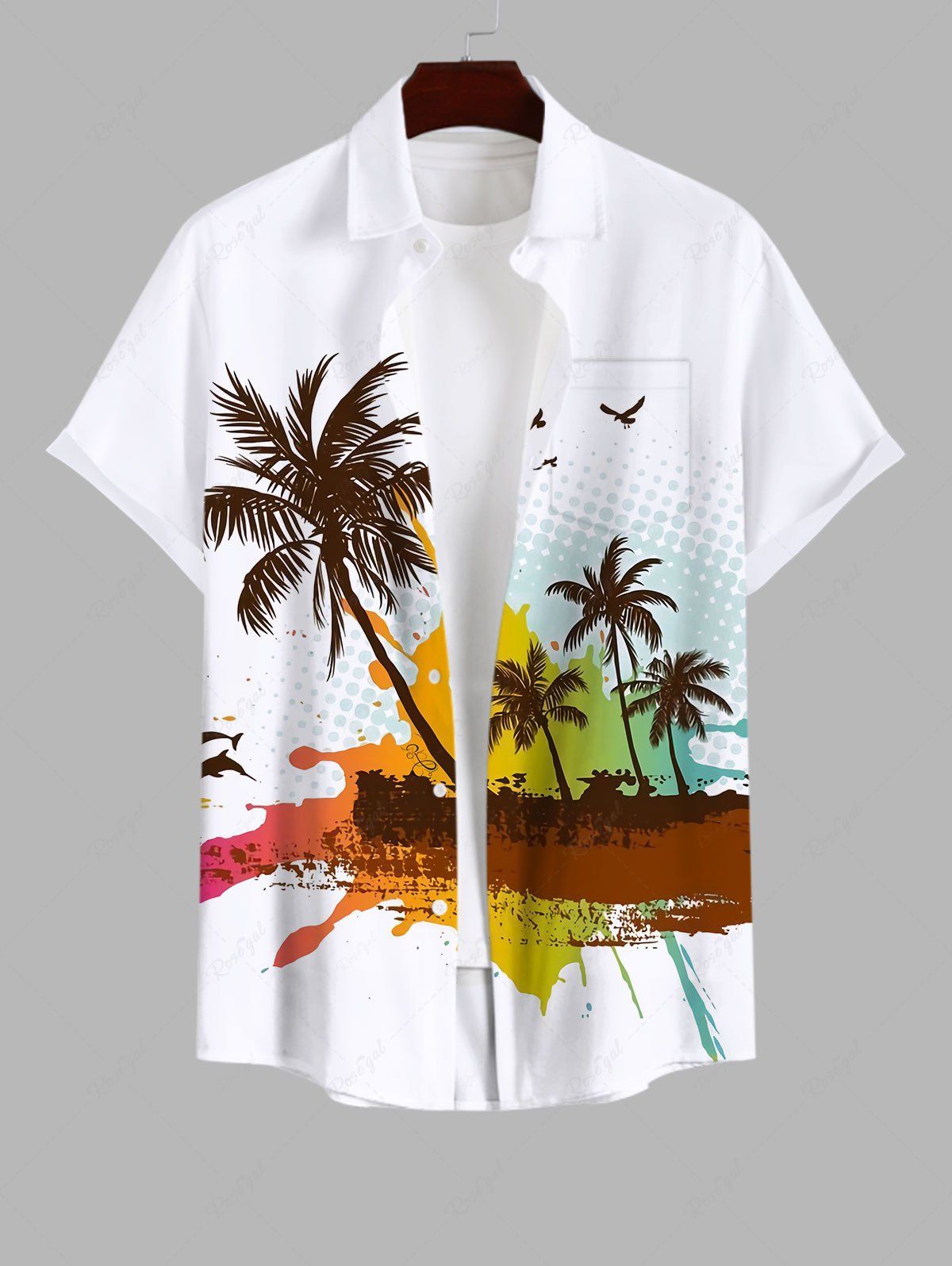 Buy Plus Size Coconut Tree Bird Paint Splatter Print Buttons Pocket Hawaii Shirt For Men  