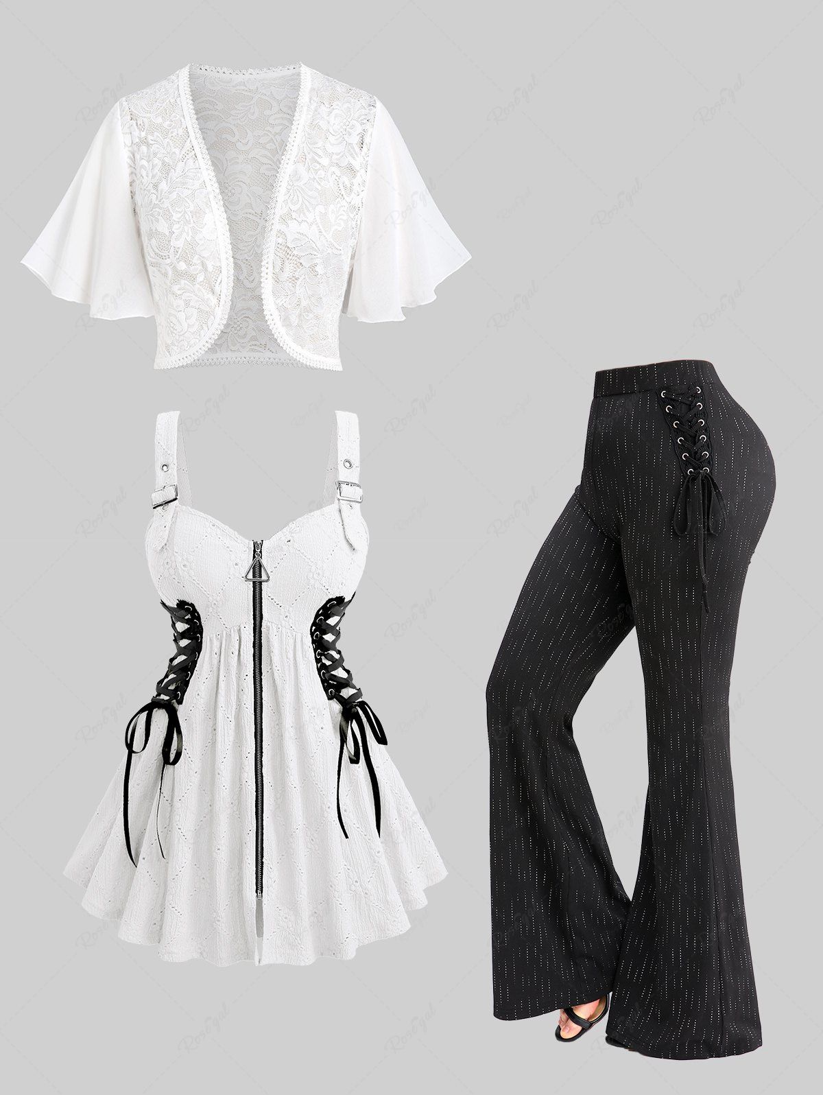 Store Lace Bolero Jacket and Hollow Out Jacquard Zipper Top and Glitter Line Insert Lace Up Flare Pants Plus Size Outfit  