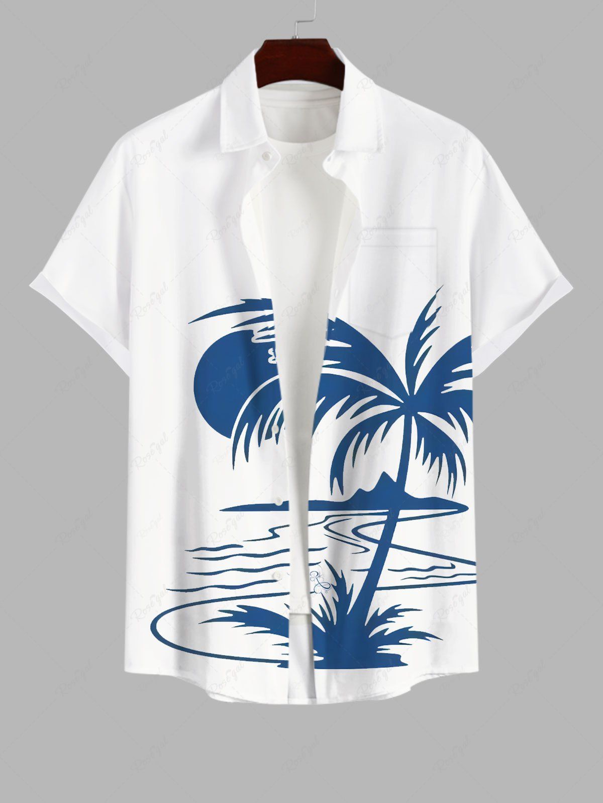 Unique Plus Size Coconut Tree Sun Mountain Colorblock Print Buttons Pocket Hawaii Shirt For Men  