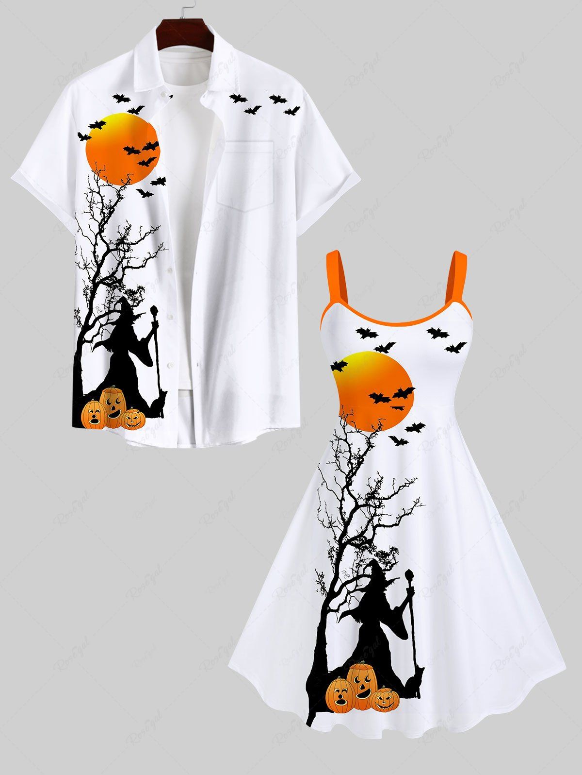 Shop Halloween Costume Pumpkin Bat Tree Moon Wizard Print Plus Size Matching Outfit For Couples  