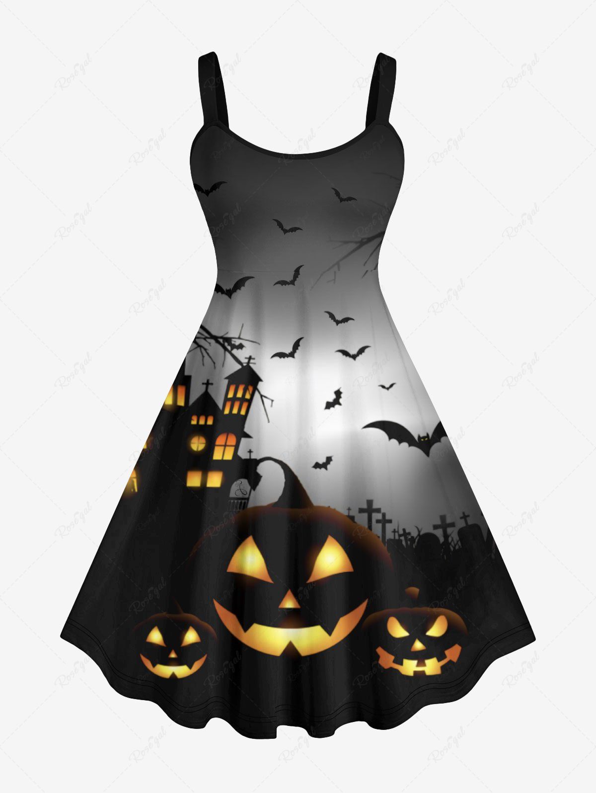 Cheap Plus Size Halloween Costume Pumpkin Bat Moon Tree Castle Print Tank Dress  