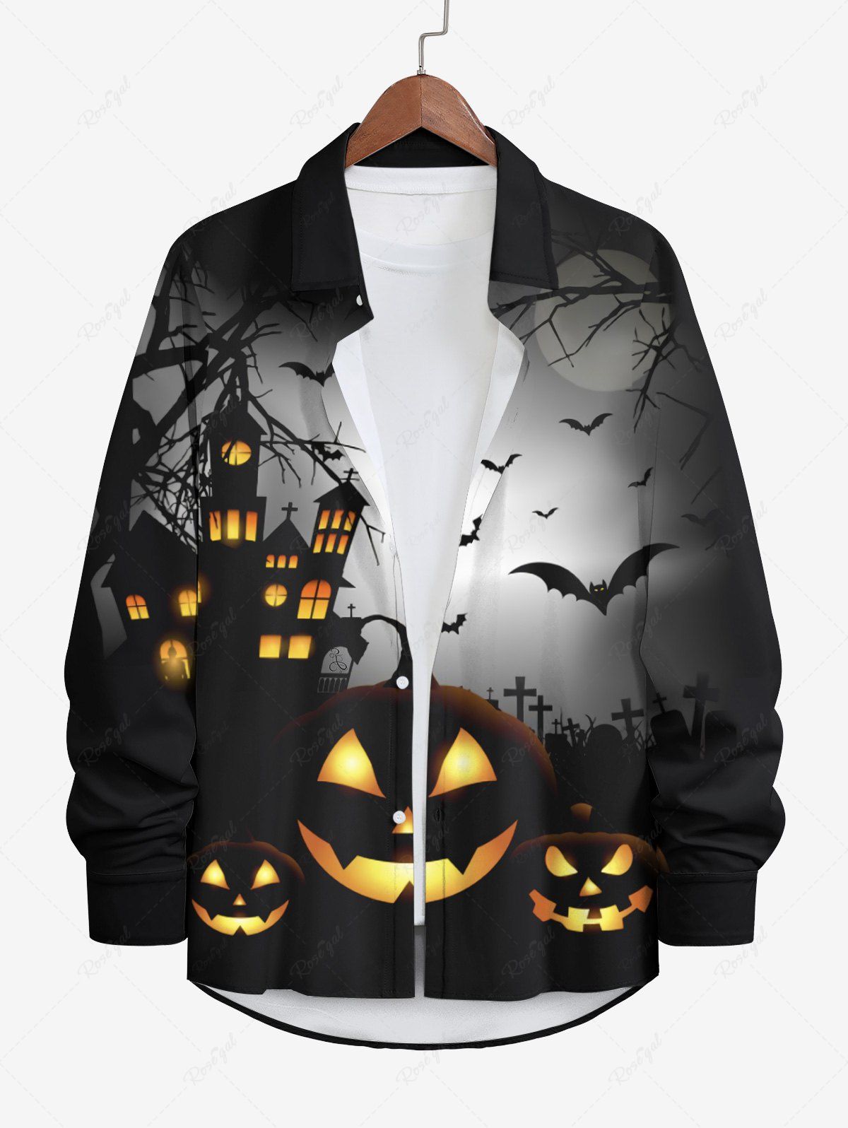 Best Plus Size Halloween Pumpkin Bat Moon Tree Castle Print Buttons Pocket Long Sleeve Shirt For Men  