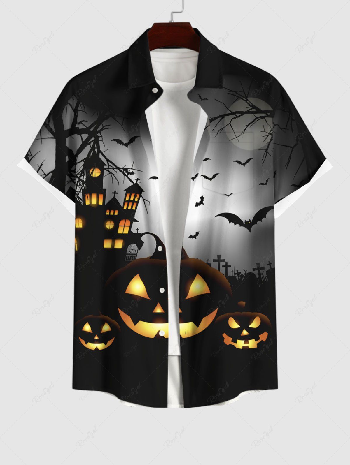 Chic Plus Size Halloween Pumpkin Bat Moon Tree Castle Print Buttons Pocket Shirt For Men  