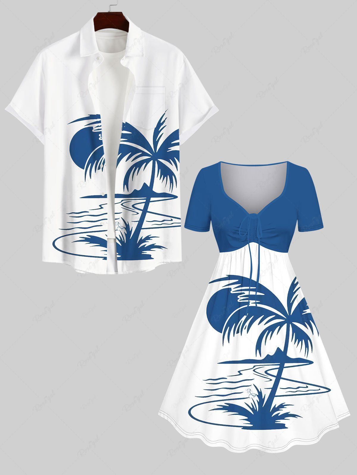 Latest Coconut Tree Sun Mountain Colorblock Print Plus Size Matching Hawaii Beach Outfit For Couples  