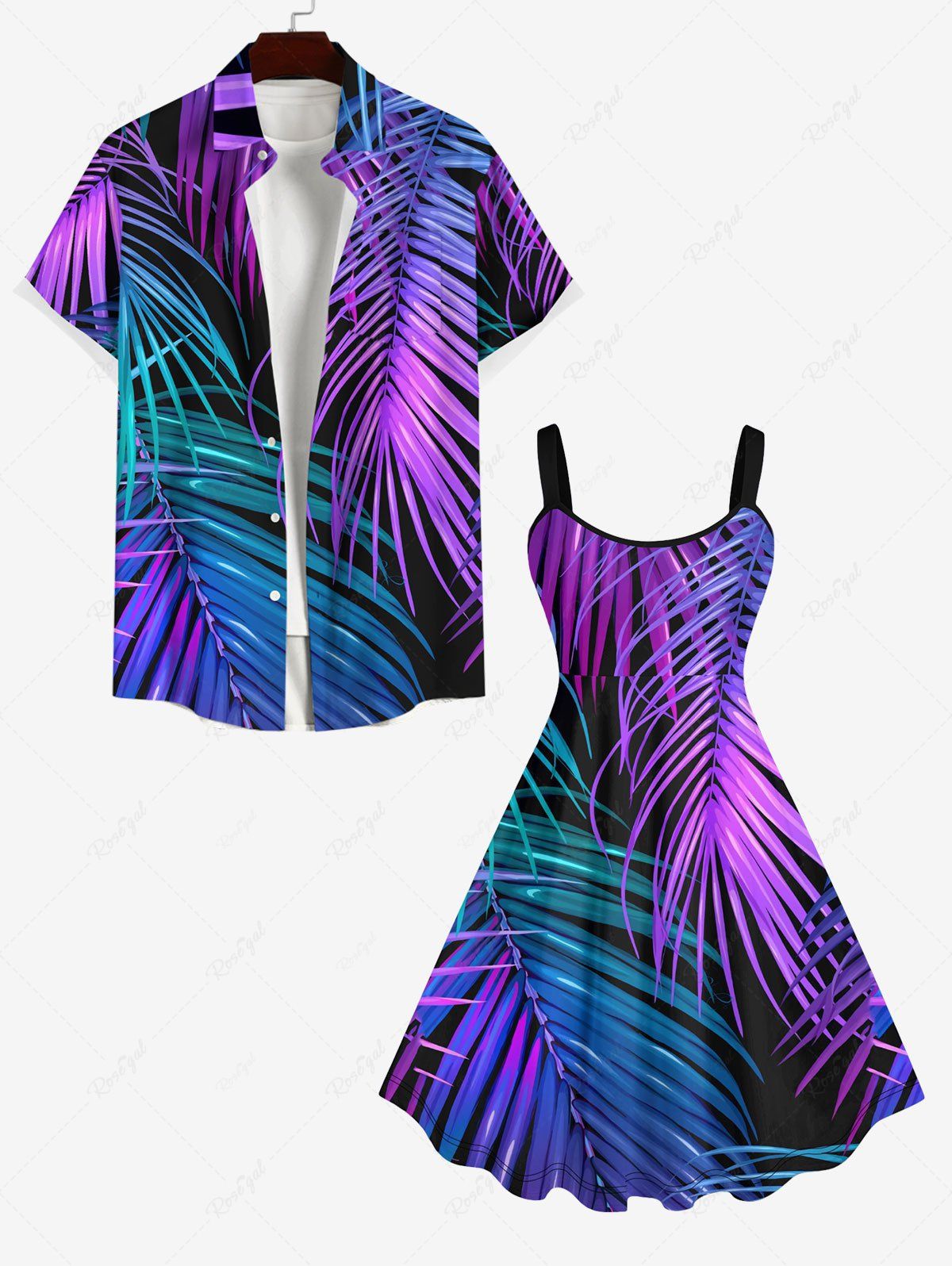 Affordable Tropical Colorful Leaf Print Plus Size Matching Hawaii Beach Outfit For Couples  