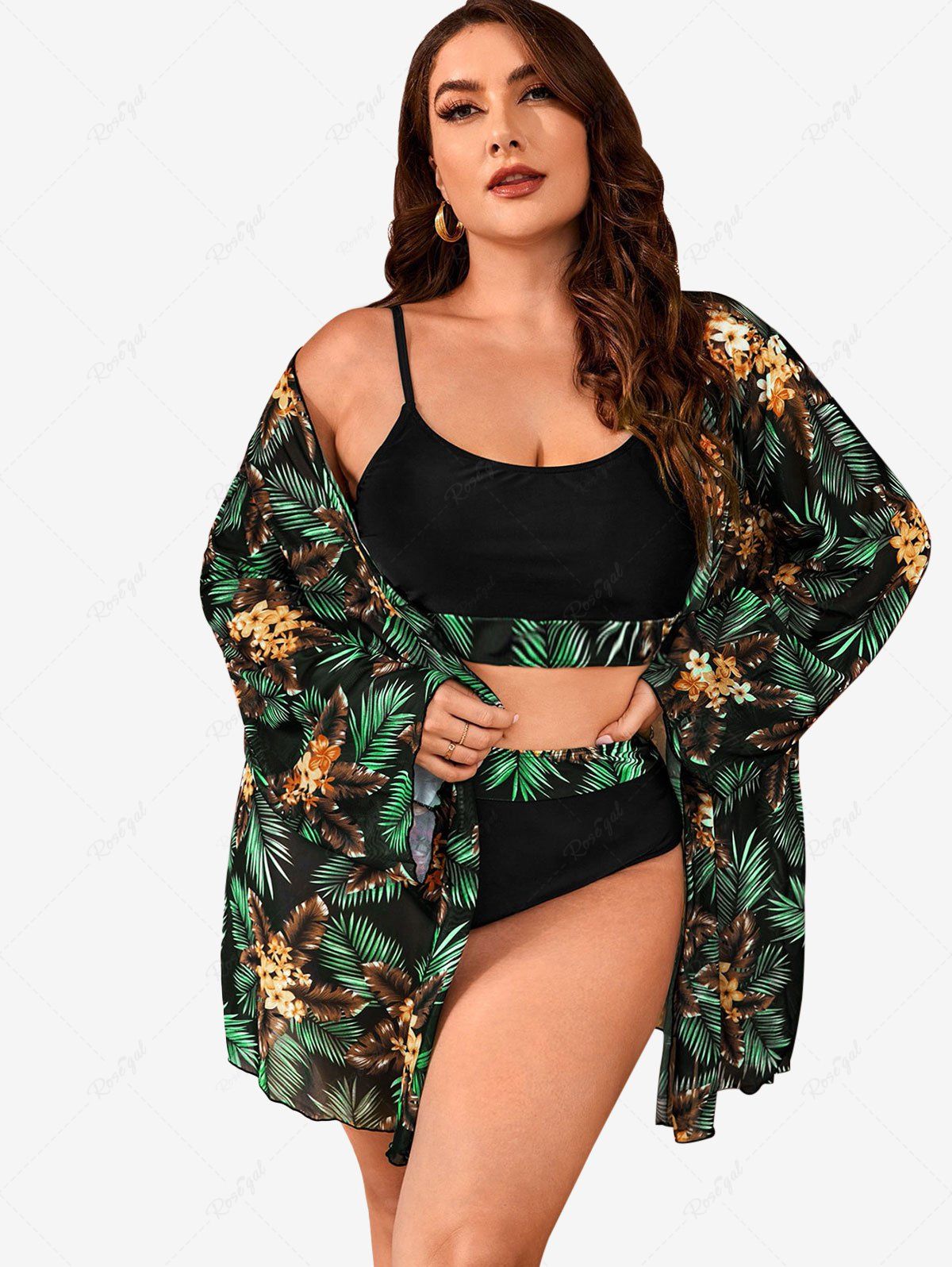 Maillot de Bain Hawaïen Feuille Fleur et Arbre de Palmier Imprimés de Grande Taille 3 Pièces Vert 4XL