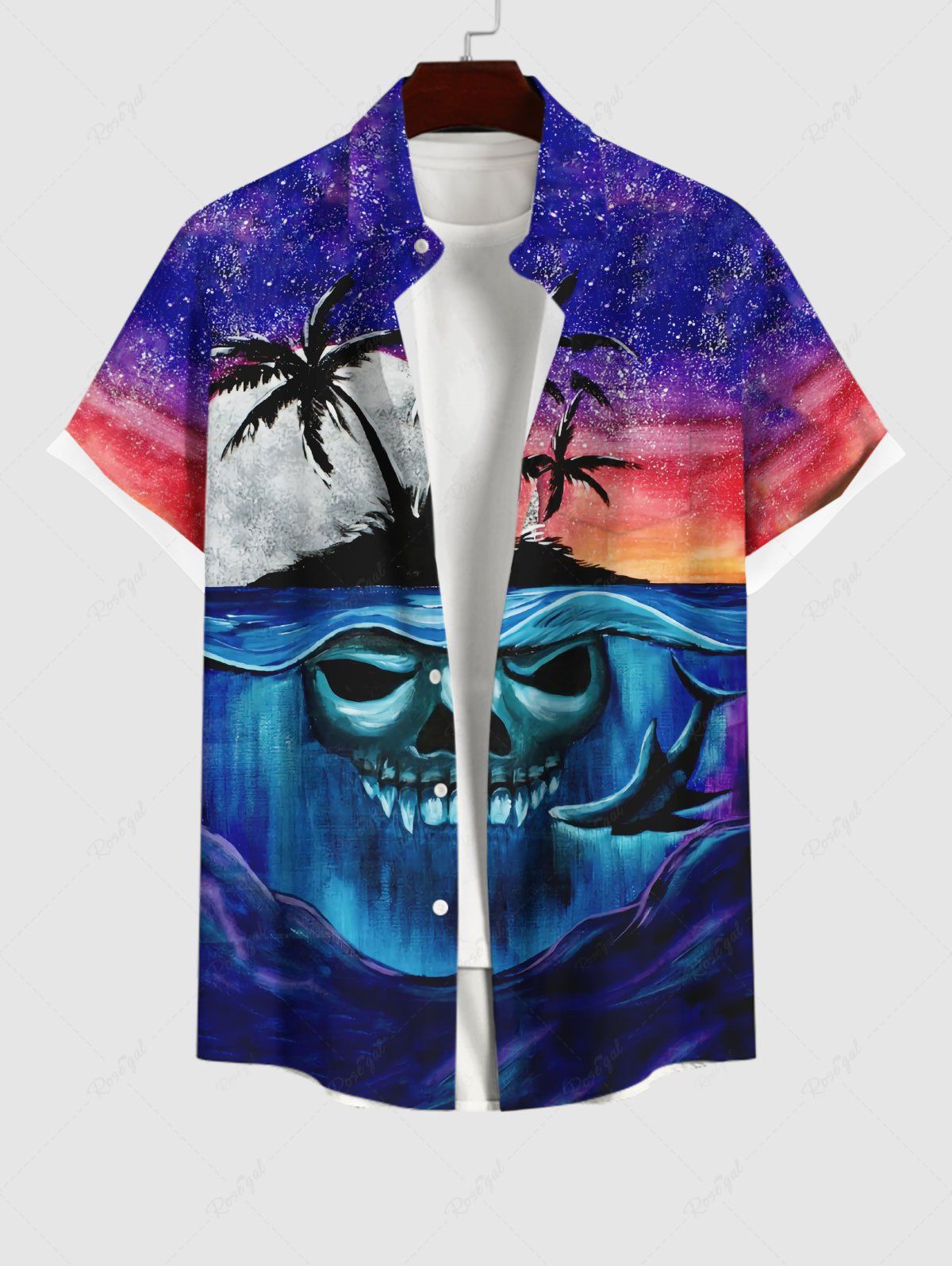 Sale Plus Size Colorful Ombre Galaxy Moon Coconut Tree Skull Shark Seabed Print Hawaii&Halloween Shirt For Men  