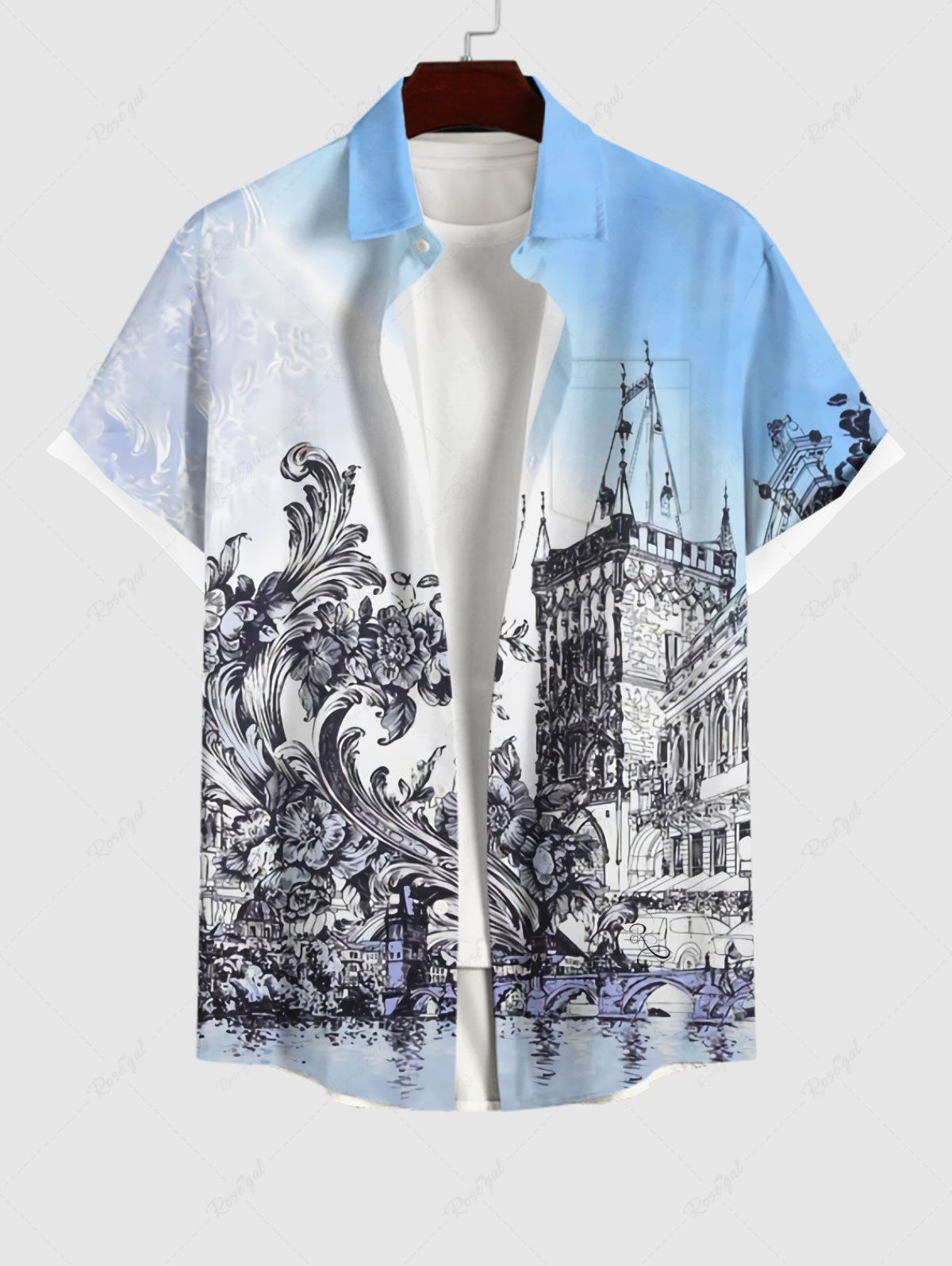Outfit Plus Size Vintage Baroque Floral Water City Ombre Sky Print Button Pocket Shirt For Men  