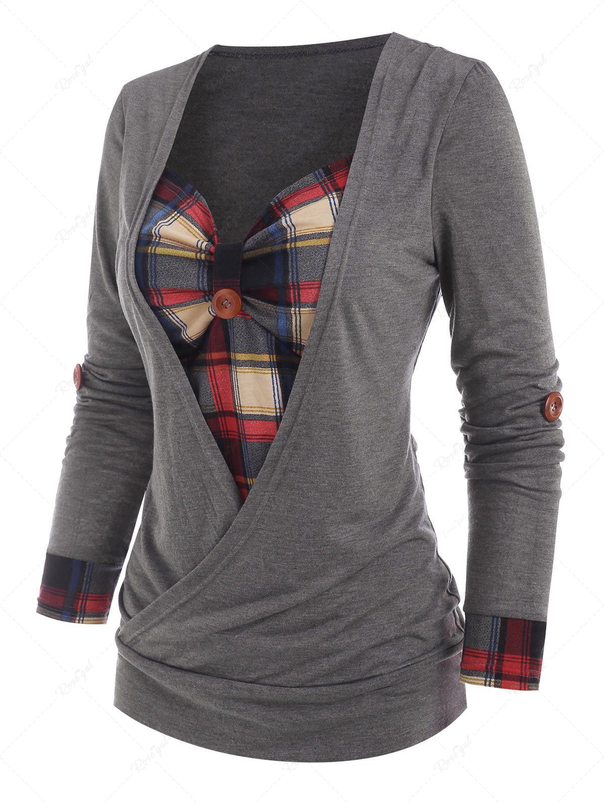 Hot Roll Up Sleeve Plaid Insert Surplice T Shirt  