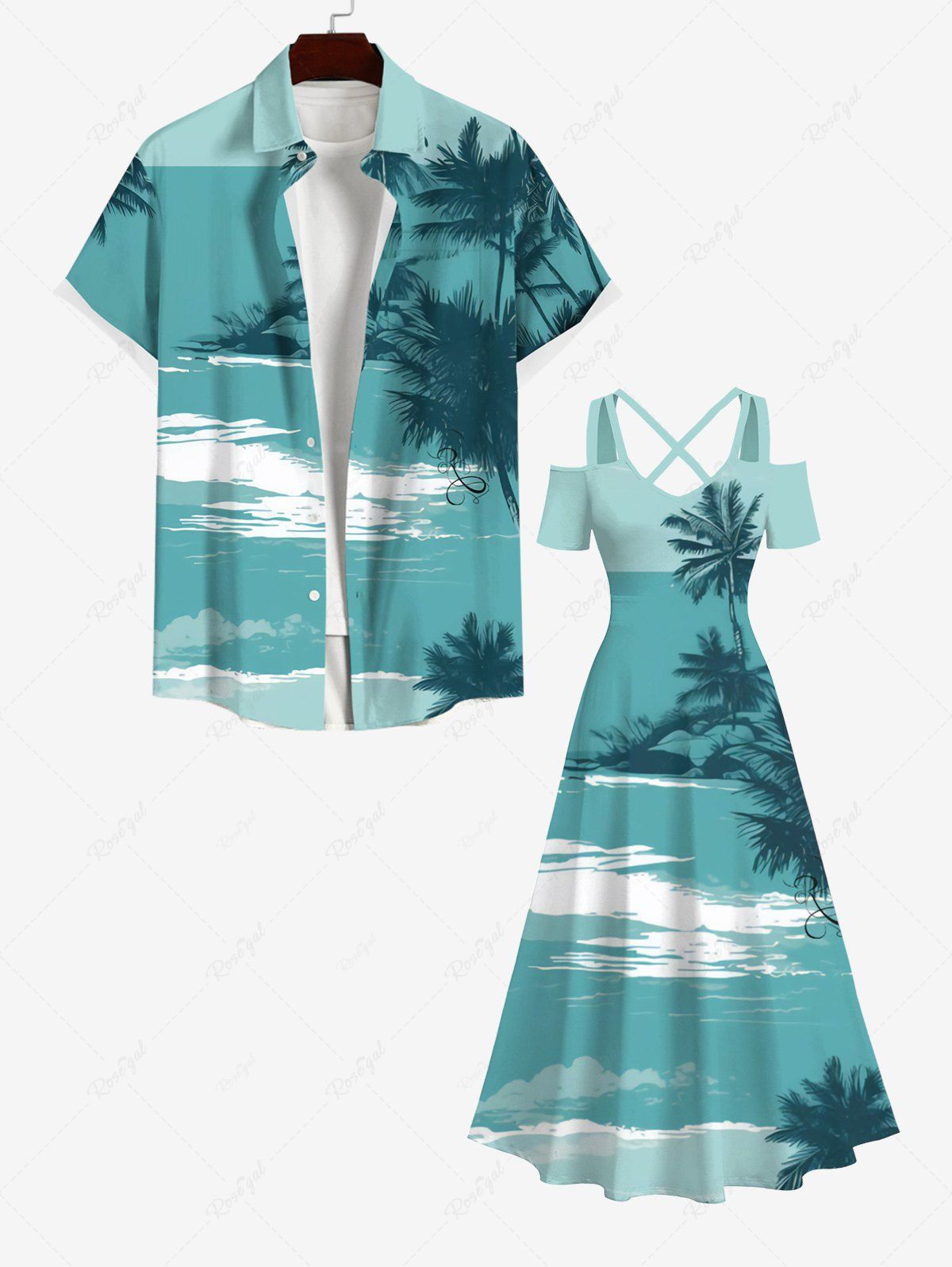 Latest Coconut Tree Sea Print Plus Size Matching Hawaii Beach Outfit For Couples  