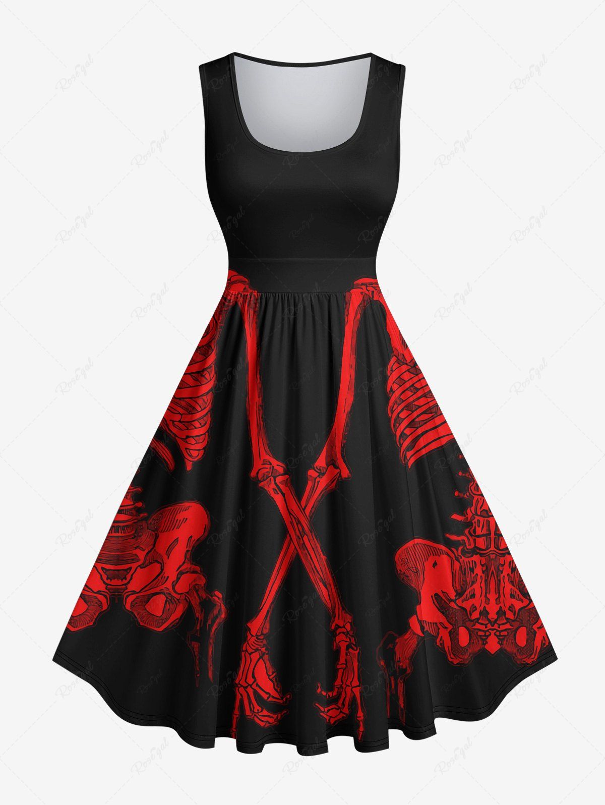 Latest Plus Size Skeleton Print Halloween Costume Vintage Swing A Line Dress  