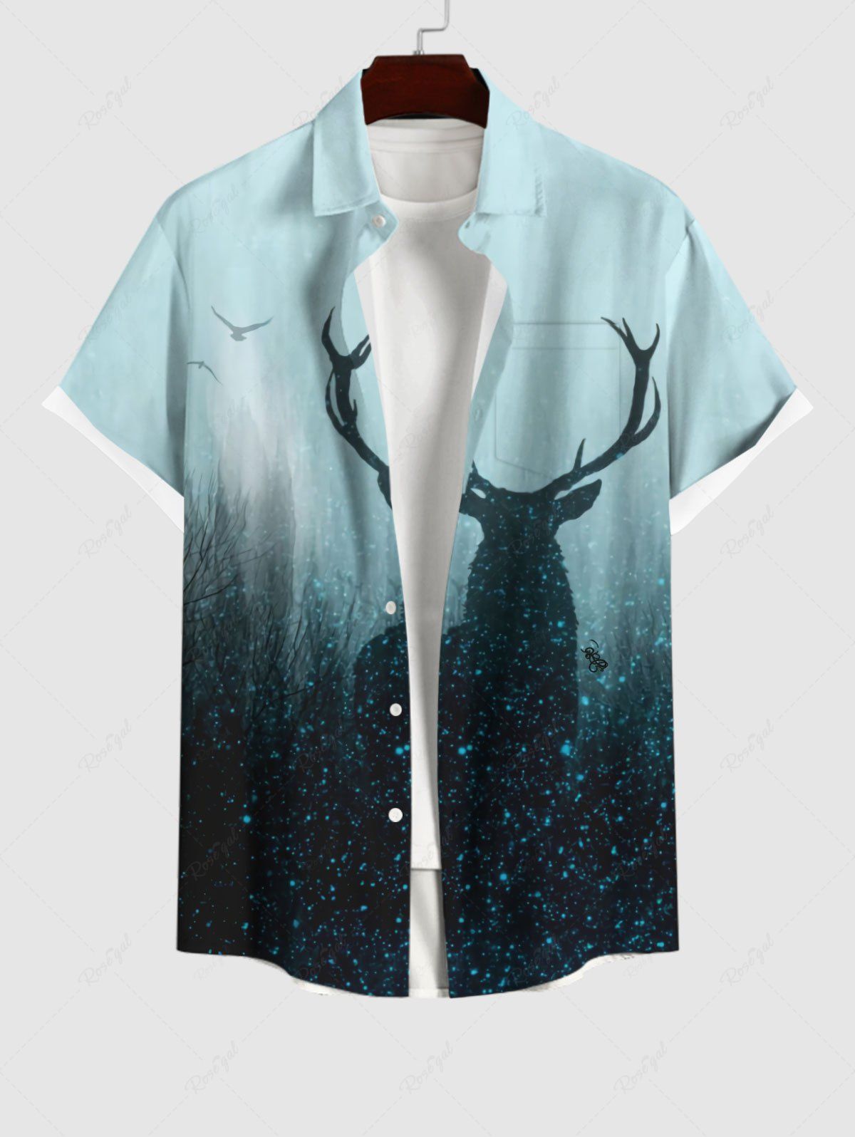Fashion Plus Size Glitter Tree Forest Elk Print Halloween Ombre Button Pocket Shirt For Men  