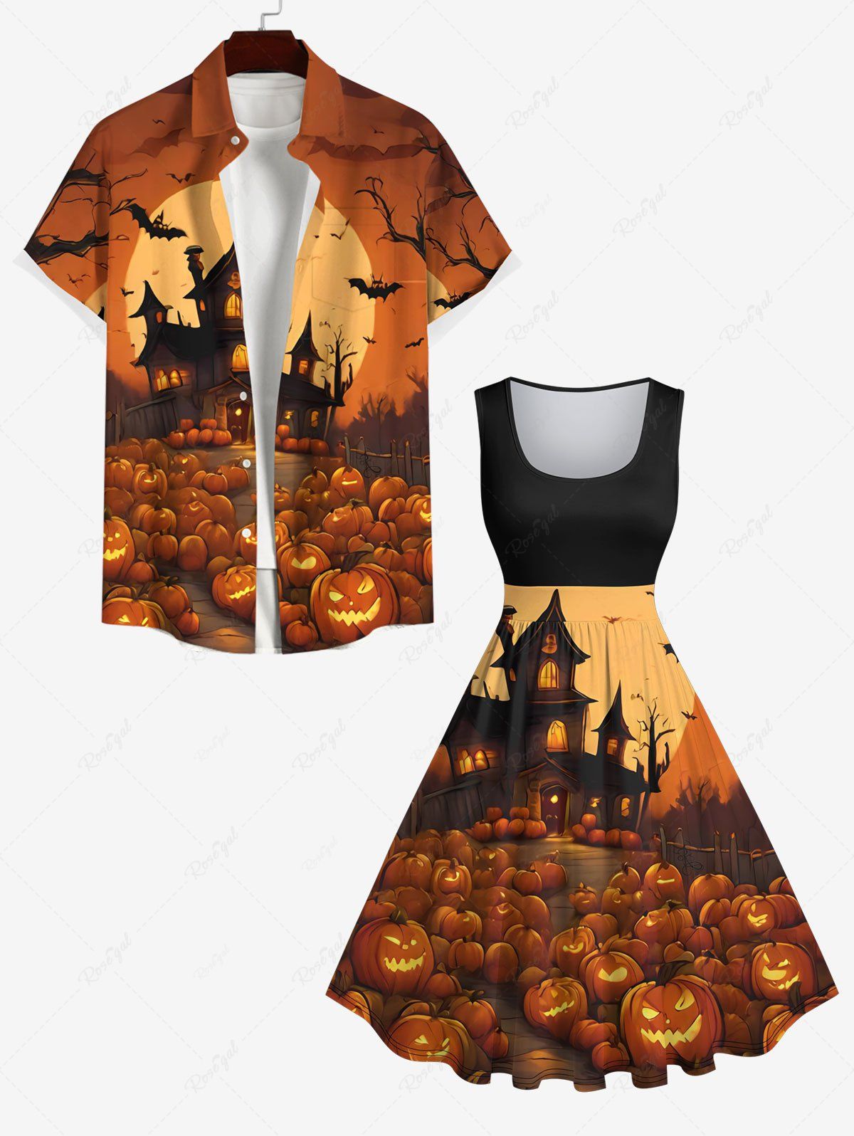 Best Halloween Costume Pumpkin Bat Moon Castle Print Plus Size Matching Set For Couples  