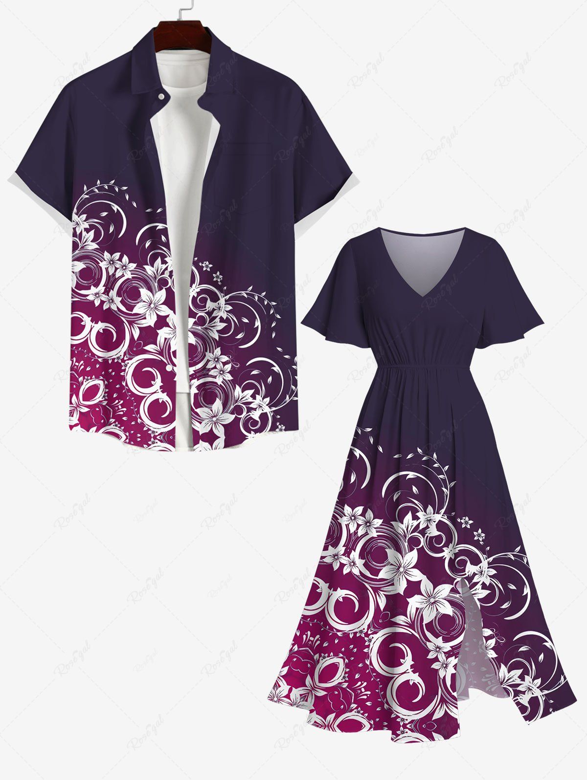 New Floral Branch Print Plus Size Matching Hawaii Beach Outfit For Couples  