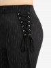 Lace Bolero Jacket and Hollow Out Jacquard Zipper Top and Glitter Line Insert Lace Up Flare Pants Plus Size Outfit -  