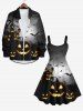 Plus Size Halloween Pumpkin Bat Moon Tree Castle Print Buttons Pocket Long Sleeve Shirt For Men -  