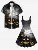 Plus Size Halloween Costume Pumpkin Bat Moon Tree Castle Print Tank Dress -  
