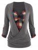 Roll Up Sleeve Plaid Insert Surplice T Shirt -  