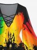 Plus Size Pumpkin Lantern Bat Castle Colorful Rainbow Light Beam Ink Painting Print Halloween Lattice T-shirt -  