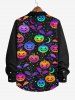 Plus Size Halloween Colorful Pumpkin Star Moon Bat Print Buttons Long Sleeve Shirt For Men -  