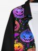 Plus Size Halloween Colorful Pumpkin Star Moon Bat Print Buttons Long Sleeve Shirt For Men -  