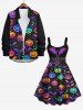 Plus Size Halloween Colorful Pumpkin Star Moon Bat Print Buttons Long Sleeve Shirt For Men -  