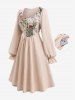 Plus Size Lace Up Panel Rose Flower Embroidery Plisse Poet Sleeve Vintage Dress -  