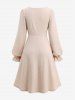 Plus Size Lace Up Panel Rose Flower Embroidery Plisse Poet Sleeve Vintage Dress -  