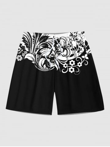 Plus Size Vintage Baroque Floral Print Hawaii Drawstring Beach Shorts For Men - BLACK - XL