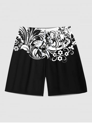 Plus Size Vintage Baroque Floral Print Hawaii Drawstring Beach Shorts For Men - BLACK - 3XL