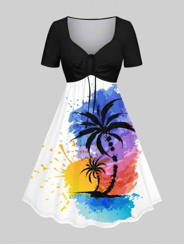 Plus Size Coconut Tree Sun Colorful Watercolor Painting Splatter Tie Dye Print Hawaii Cinched A Line Dress - MULTI-A - M