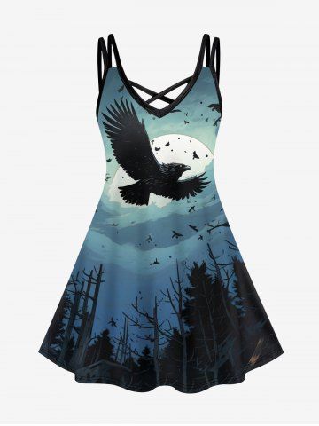 Plus Size Eagle Moon Ombre Sky Tree Forest Print Halloween Costume Crisscross A Line Cami Dress - BLACK - M