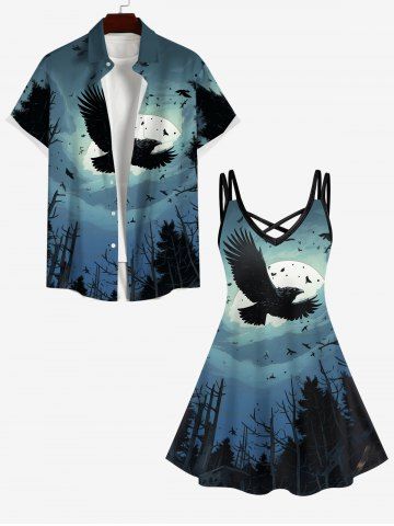 Plus Size Eagle Moon Ombre Sky Tree Forest Print Halloween Costume Crisscross A Line Cami Dress