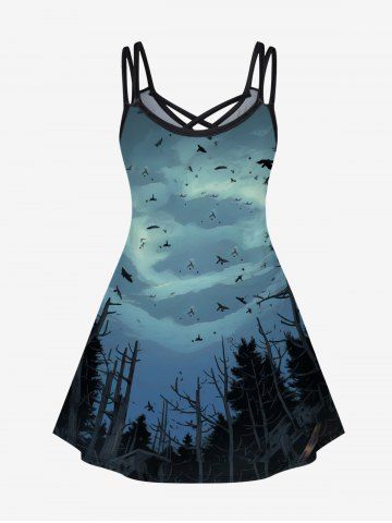 Plus Size Eagle Moon Ombre Sky Tree Forest Print Halloween Costume Crisscross A Line Cami Dress