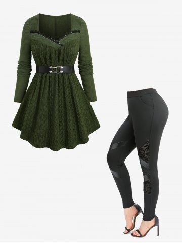 Belt Ruffles Lace Trim Cable Knit Ribbed Textured Sweater and Flocking Mesh Leggings Plus Size Outfit - DEEP GREEN