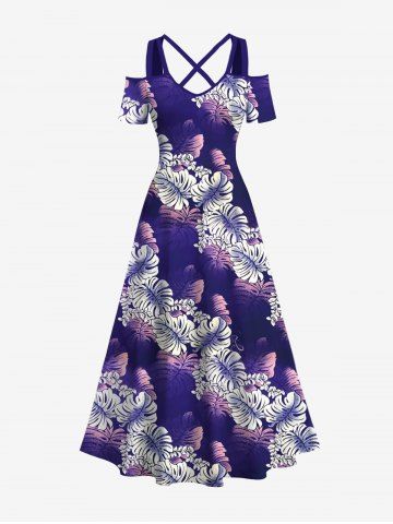 Plus Size Tropical Leaf Ombre Print Cold Shoulder Crisscross Hawaii Maxi Dress - PURPLE - S